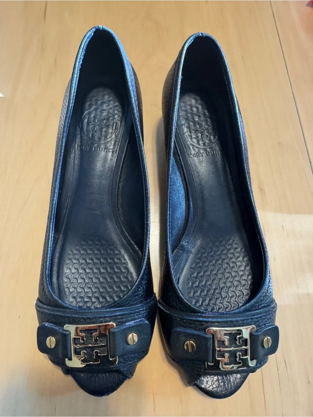 Tory Burch Black Leather Peep-Toe Heels with Gold Logo Accent